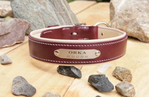 Collier chien COQUETTE - En cuir quetsche & crème