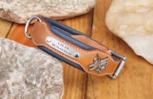 Collier chien MÉLUSINE - En cuir fauve et bleu
