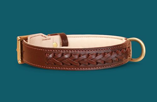 Collier chien TRESSÉ - En cuir marron & crème