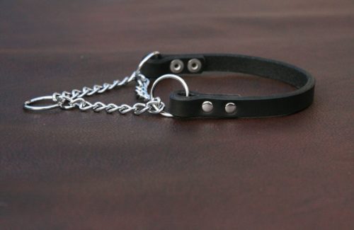 Collier chien cuir NOIR - Chaine martingale argentée
