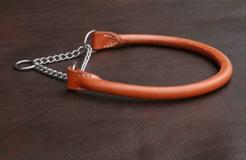 Collier chien cuir rond FAUVE - Chaine martingale argentée