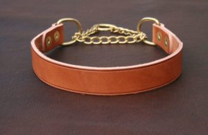 Collier chien cuir FAUVE - Chaîne martingale laiton